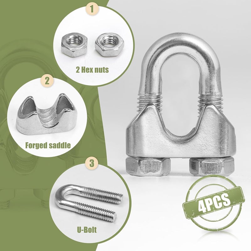 Jamiikury 4pcs M12 Wire Rope Clamp, 7/16 inch Cable Clamps Stainless Steel Wire Rope Clips - Image 4